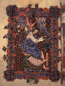 Lat 14782 f.16v St. Matteus skriver sitt evangelium, c.1080 (vellum) av English School