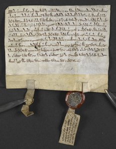 Latinsk skjøte med hebraisk quitclaim (festet til seglet), av Jacob ben Aaron som frigir et stykke land til William le Briel. England av English School