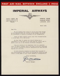 Lansering av den første luftposttjenesten mellom England og India av Imperial Airways i mars 1929 (litho) av English School