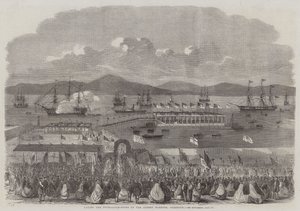 Legger grunnsteinen til Albert Harbour, Greenock (gravering) av English School