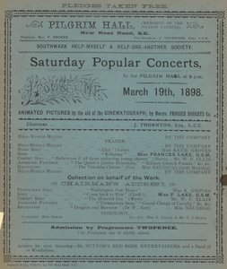 Brosjyre som annonserer lørdagens populære konserter i pilegrimshallen av English School