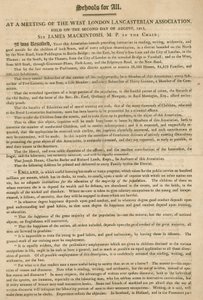 Brosjyre som forklarer en resolusjon fra West London Lancasterian Association om å begynne å gi instruksjoner til barn, august 1813 av English School