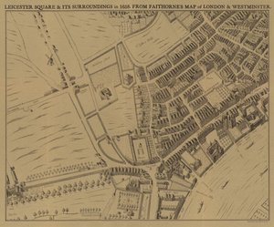Leicester Square og dens omgivelser i 1658 av English School