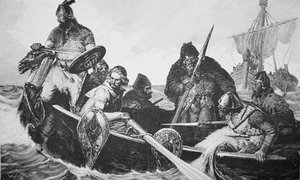 Leif Ericson oppdager bredden av Vinland den gode, sannsynligvis Newfoundland (gravering) av English School