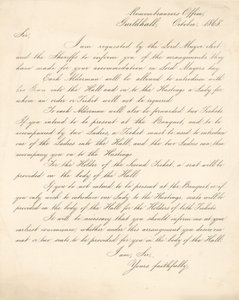 Brev som beskriver arrangementer for en bankett i Guildhall, London, 9. november 1868 av English School