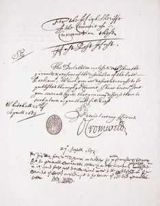 Brev fra Oliver Cromwell, april 1653 av English School