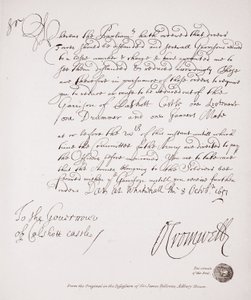 Brev til guvernøren i Calshott Castle fra Oliver Cromwell, 1651, faksimile fra originalen i besittelse av Sir James Fellowes, Adbury House av English School