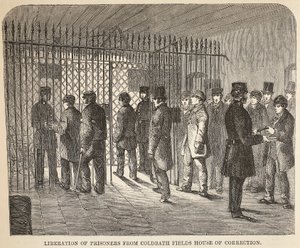 Frigjøring av fanger fra Coldbath Fields House of Correction, illustrasjon fra The Criminal Prisons of London og Scenes from Prison Life av Henry Mayhew og John Binny, pub. 1862 av English School