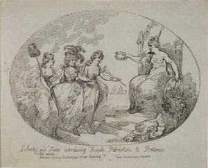Frihet og berømmelse som introduserer kvinnelig patriotisme; Britannia og hertuginnen av Devonshire (gravering) av English School