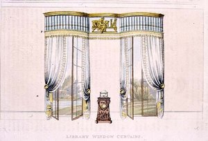 Bibliotekvindusgardiner, plate 106 fra Ackermanns Repository of Arts, utgitt 1819 (farge litho) av English School
