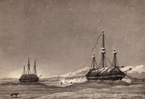 Løytnant William Parrys første reise: H.M.S. Hecla og H.M.S. Griper i Winter Harbour, ca. 1819 (penn og blekk og vask på papir) av English School