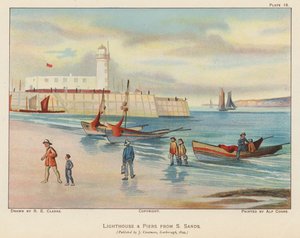 Fyr og brygge fra South Sands, Scarborough (fargelitografi) av English School