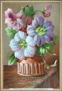 Liljer i vase, nyttårskort (chromolitho) av English School