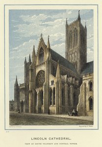 Lincoln Cathedral, utsikt over det sørlige transeptet og det sentrale tårnet av English School