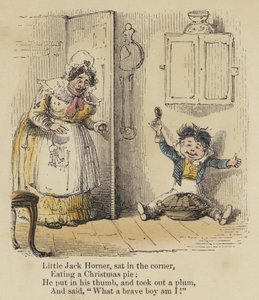 Lille Jack Horner, satt i hjørnet, spiste en julepai, han satte tommelen inn og tok ut en plomme, og sa: "For en modig gutt er jeg!" (farget gravering) av English School
