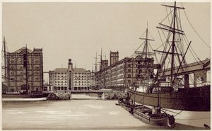 Liverpool: Waterloo Dock og kornlagerhus (litografi) av English School