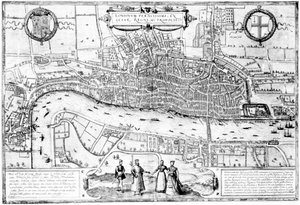 Londinium Feracissimi Angliae Regni Metropolis, illustrasjon hentet fra London i Tudors tid av Sir Walker Besant, 1904 av English School
