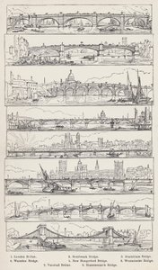 London Bridge, Southwark Bridge, Blackfriars Bridge, Waterloo Bridge, New Hungerford Bridge, Westminster Bridge, Vauxhall Bridge, Hammersmith Bridge (gravering) av English School