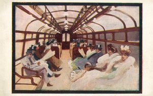 Passasjerer i London Underground på Bakerloo- og Piccadilly-linjene (fargelitografi) av English School