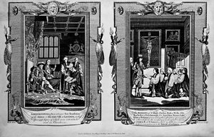 Lord Cromwell presenterer bibelen til Henry VIII og biskoper som presenterer begjæring til James II i 1688, fra 