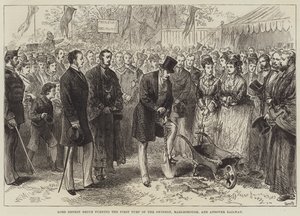 Lord Ernest Bruce Turning the First Turf of the Swindon, Marlborough og Andover Railway (gravering) av English School