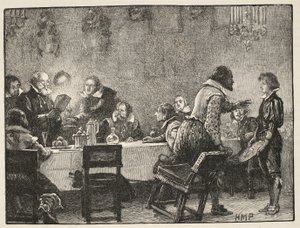 Lord Monteagle og advarselsbrevet om Gunpowder Plot, illustrasjon fra Cassells Illustrated History of England (sepiafoto) av English School