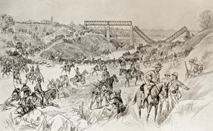 Lord Roberts spalte som krysser Sand River Drift under den andre boerkrigen, fra 'South Africa and the Transvaal War' av Louis Creswicke, utgitt 1900 (litho) av English School