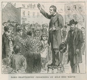 Lord Shaftesbury forkynner i Mile End Waste, London av English School