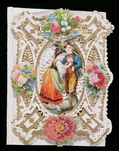 Love, Innocence, Valentine-kort, ca. 1870 (farge litho på papir) av English School