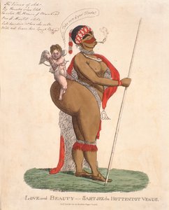 Kjærlighet og skjønnhet - Sartjee the Hottentot Venus, 1810 (håndfarget gravering) av English School