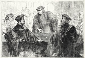 Luther og Zwingle diskuterer på Marburg, illustrasjon fra The History of Protestantism av James Aitken Wylie (1808-1890), pub. 1878 av English School