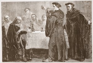 Luther utfordrer Carlstadt til å skrive mot ham, illustrasjon fra The History of Protestantism av James Aitken Wylie (1808-1890), pub. 1878 av English School