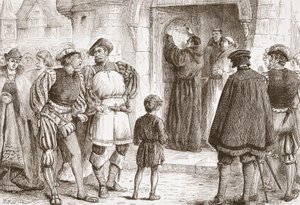 Luther spikrer tesene sine på døren til Schloss-Kirk i Wittemberg, illustrasjon fra The History of Protestantism av James Aitken Wylie (1808-1890), pub. 1878 av English School