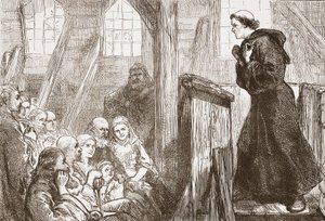 Luther forkynner i den gamle trekirken i Wittenberg, illustrasjon fra The History of Protestantism av James Aitken Wylie (1808-1890), pub. 1878 av English School