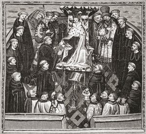 Lydgate presenterer boken sin til kong Henry V, fra 