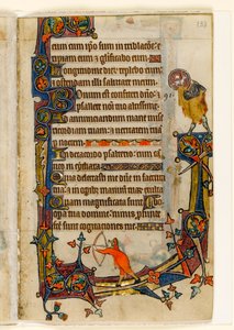 MS 1-2005, fol. 133r: An Archer og St. John the Baptist, marginal dekorasjon fra Macclesfield Psalter, Use of Sarum, East Anglia, ca. 1330 av English School