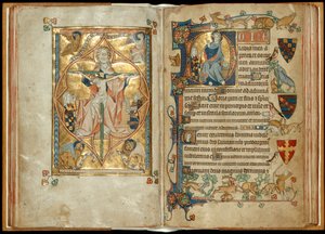 MS 242 f. 28v-29r Barmhjertighetens trone med beskyttere, Kristus velsignelse med en beskytter, ca. 1314-30 (bladgull og tempera på pergament) av English School