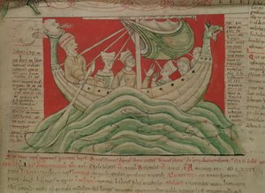 MS CCC 157 s.383 Visjonene drømt av kong Henry I i Normandie i 1130, fra Worcester Chronicle, c.1130-40 (vellum) (detalj av 95507) av English School