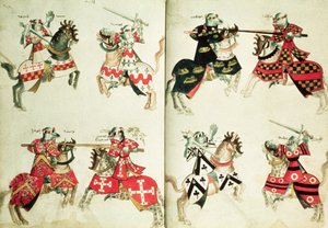 MS Harley 4205 fol.31v-32 Jousting-riddere som viser heraldiske emblemer (vellum) av English School