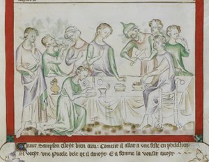 MS Royal 2 BVII, f.43 Møte mellom Samson og Delila ved en filisterfest, detalj fra 