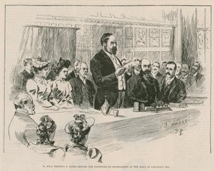 M Emile Zola leser en artikkel foran Institute of Journalists i hallen til Lincolns Inn, London av English School