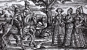 Macbeth, Banquo and the Three Witches, The Historie of Scotlande, 1577, av English School