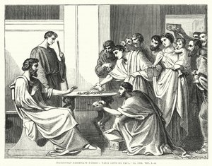 Makedonske kristne presser sine gaver på Paulus, II. Korinterbrev VIII av English School