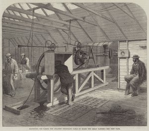 Maskineri for å ta Atlantic Telegraph Cable om bord på Great Eastern (gravering) av English School