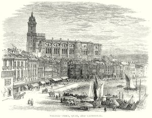 Malaga – Havn, kai og katedral (gravering) av English School