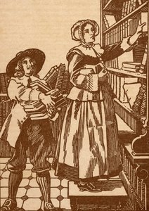Mannlige og kvinnelige bokhandlere som jobber i en bokhandel fra 1600-tallet (litho) av English School