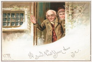 Mann og jente ser ut av inngangsdøren på snø, nyttårskort av English School