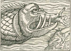 Mann blir spist av en sjøorm. Illustrasjon funnet i margen på kart utarbeidet av Olaus Magnus av English School