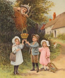 Mann senker en kurv med frukt ned til barn (chromolitho) av English School