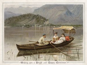 Mann som ror to jenter på innsjøen (farge litho) av English School